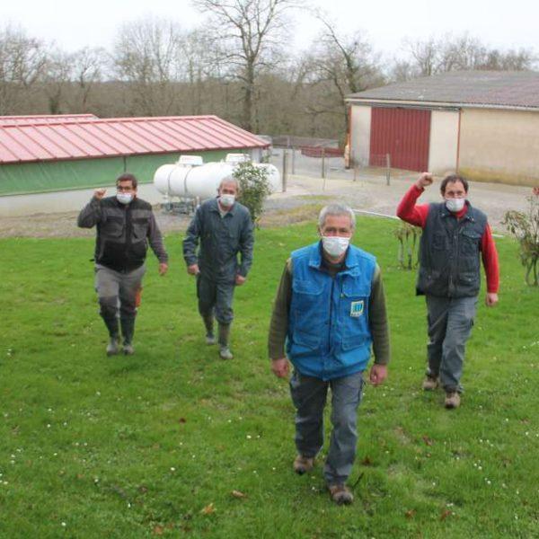 Les ouvriers du Château Bellevue marchent devant les bâtiments qui abritent normalement les vollailles.