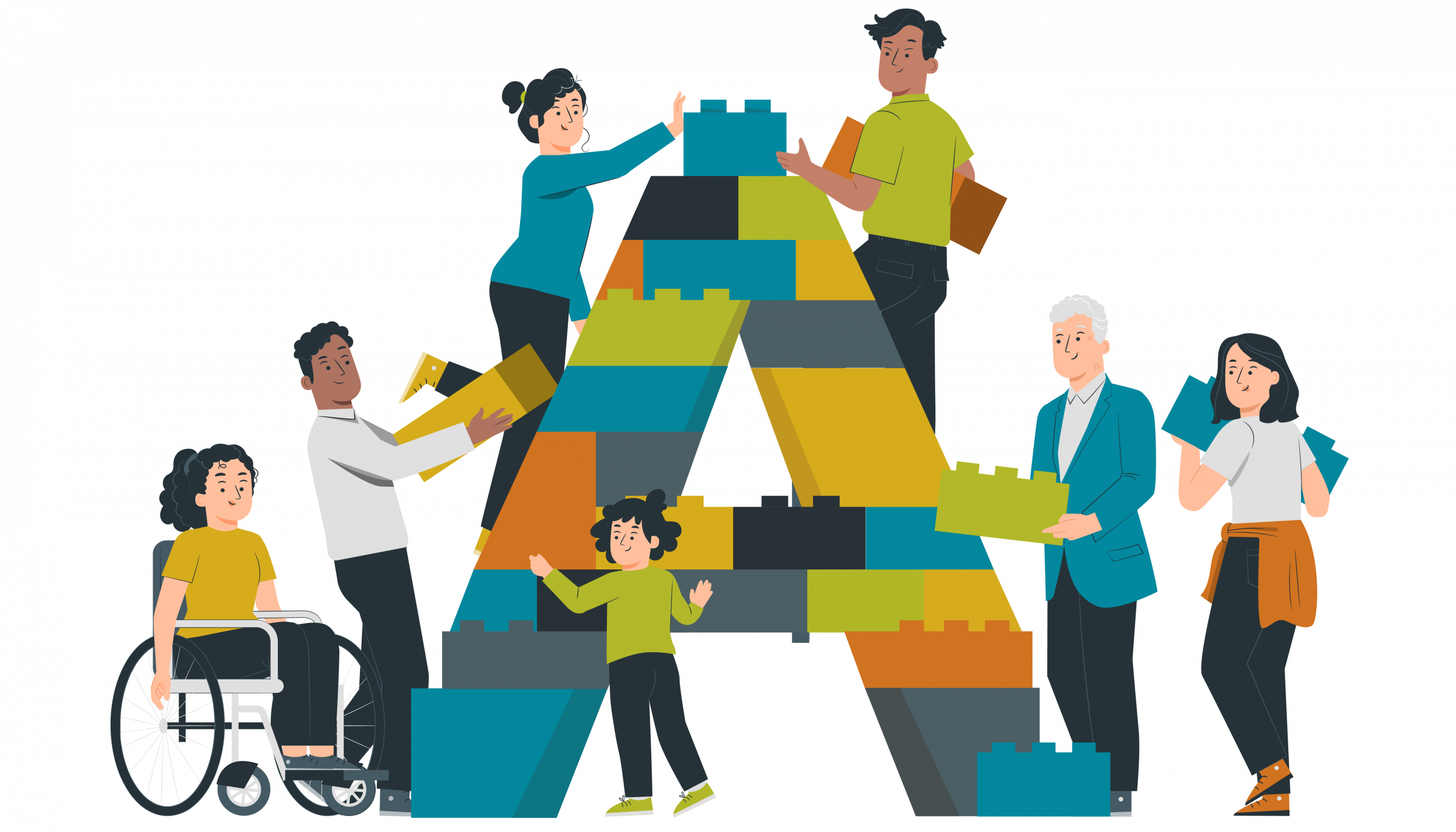 Illustration de l'orientation 1 du projet associatif 2026-2030 : des personnes construisent un A géant.
