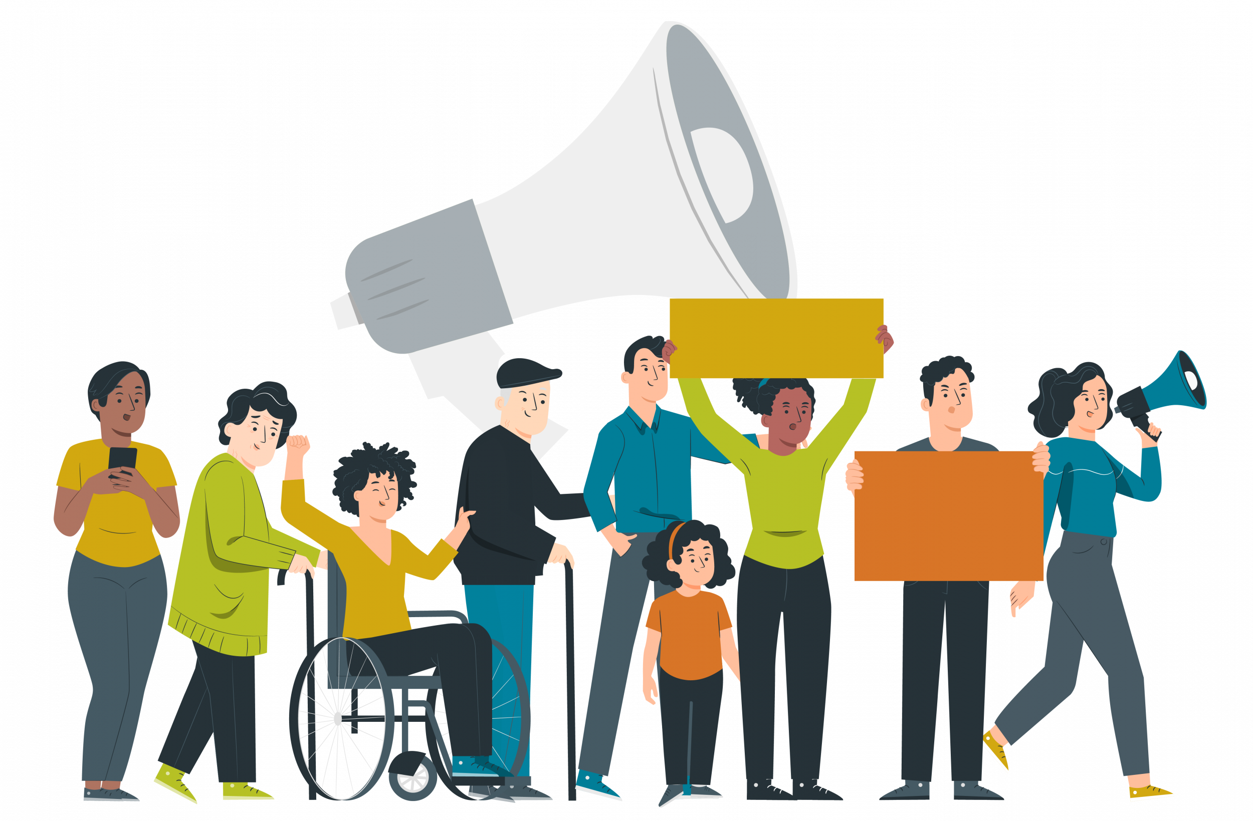 Illustration de l'orientation 2 du projet associatif 2026-2030 : des personnes manifestent.