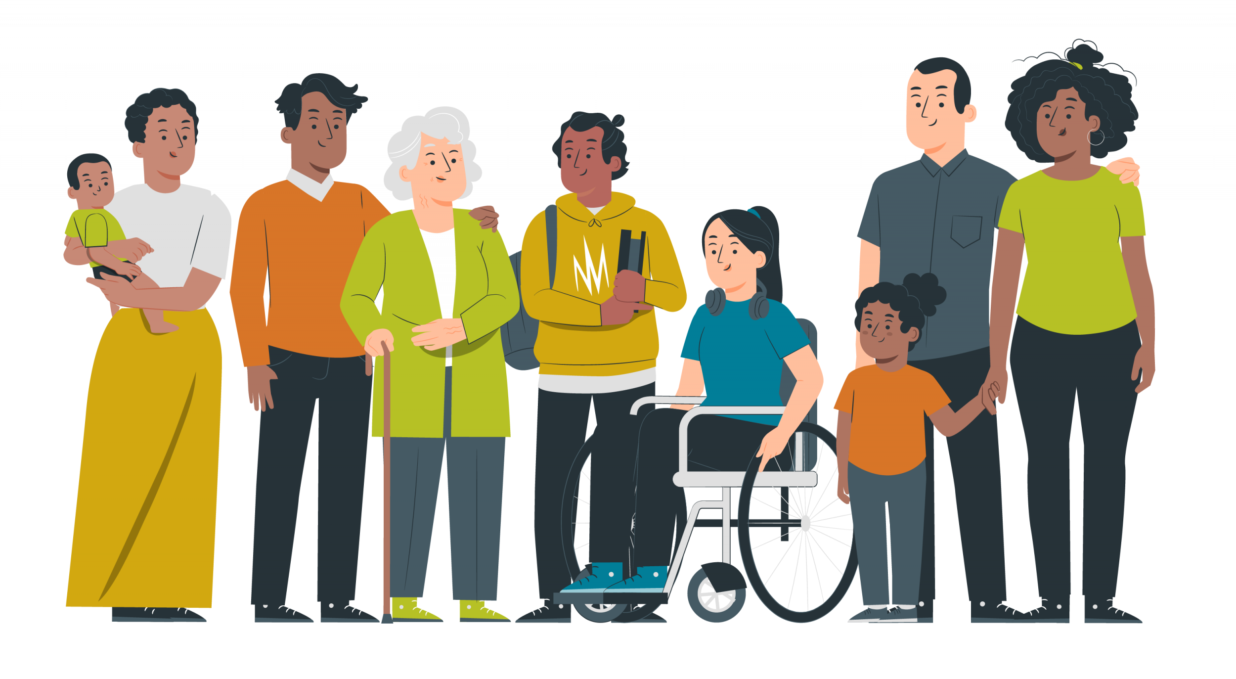Illustration de l'orientation 4 du projet associatif 2026-2030 : un groupe de personnes, enfants, adultes, personnes agées, personne en fauteuil