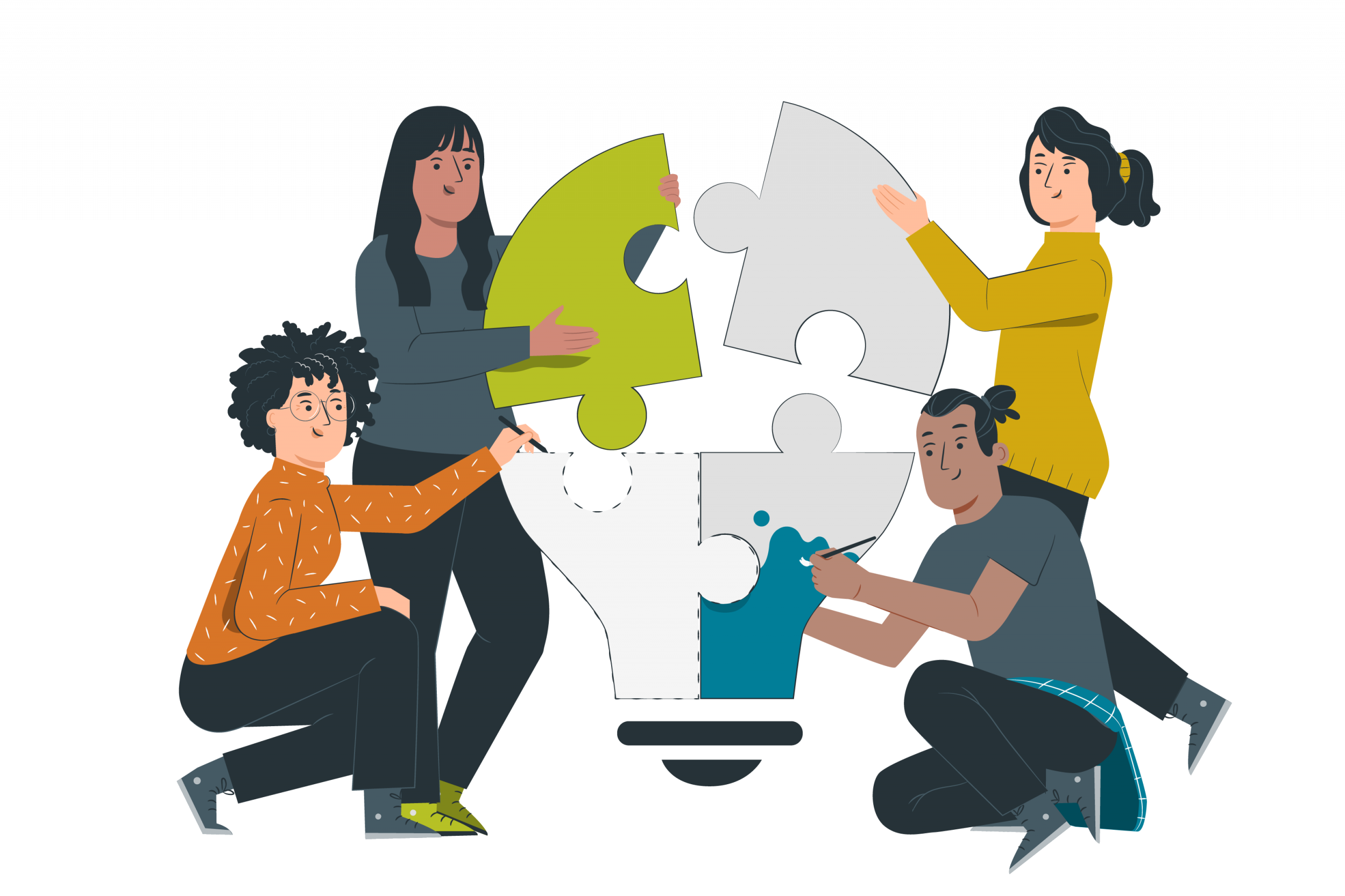 Illustration de l'orientation 5 du projet associatif 2026-2030 : Des personnes assemblent une ampoule.
