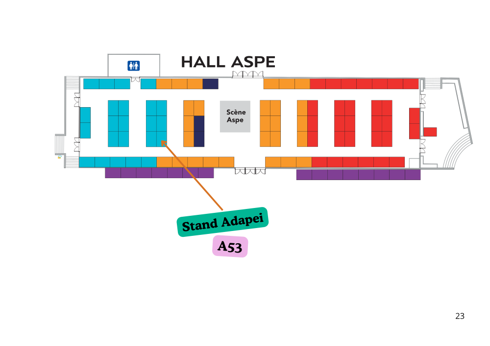 Plan d'accès au stand de l'Adapei des Pyrénées-Atlantiques lors du Forum des associations : Hall Aspe, emplacement A53