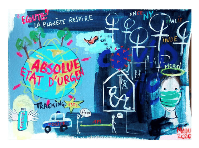 Une oeuvre peinte par une personne accompagnées par le SAVS SIFA. La peinture en camaïeu de bleu montre une soignant masquée avec une auréole au dessus de la tête et un "merci", la terre avec le texte "Absolue Etat d'urgence",