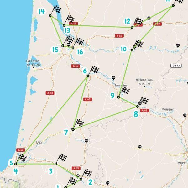 Parcours du relai de la compétence d'Oloron à Bordeaux en 16 étapes