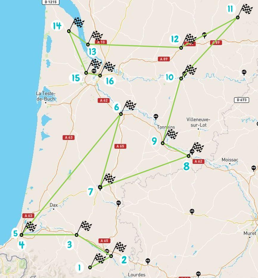 Parcours du relai de la compétence d'Oloron à Bordeaux en 16 étapes