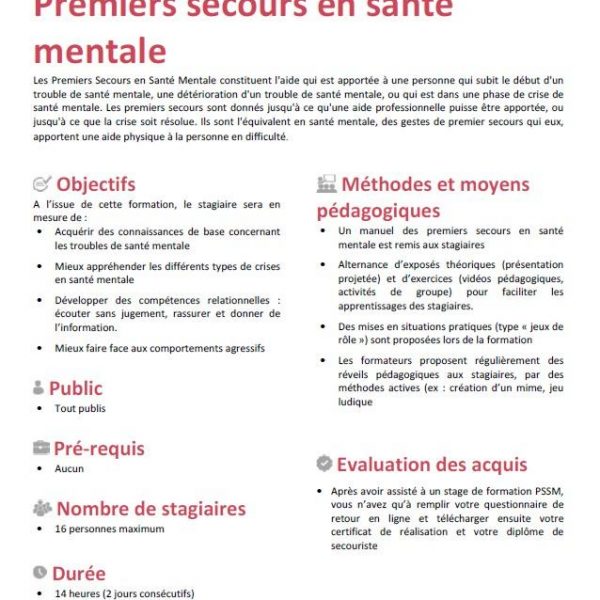 Programme de la formation "Premiers secours en Santé mentale"