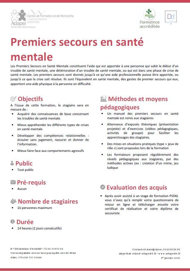 Programme de la formation "Premiers secours en Santé mentale"