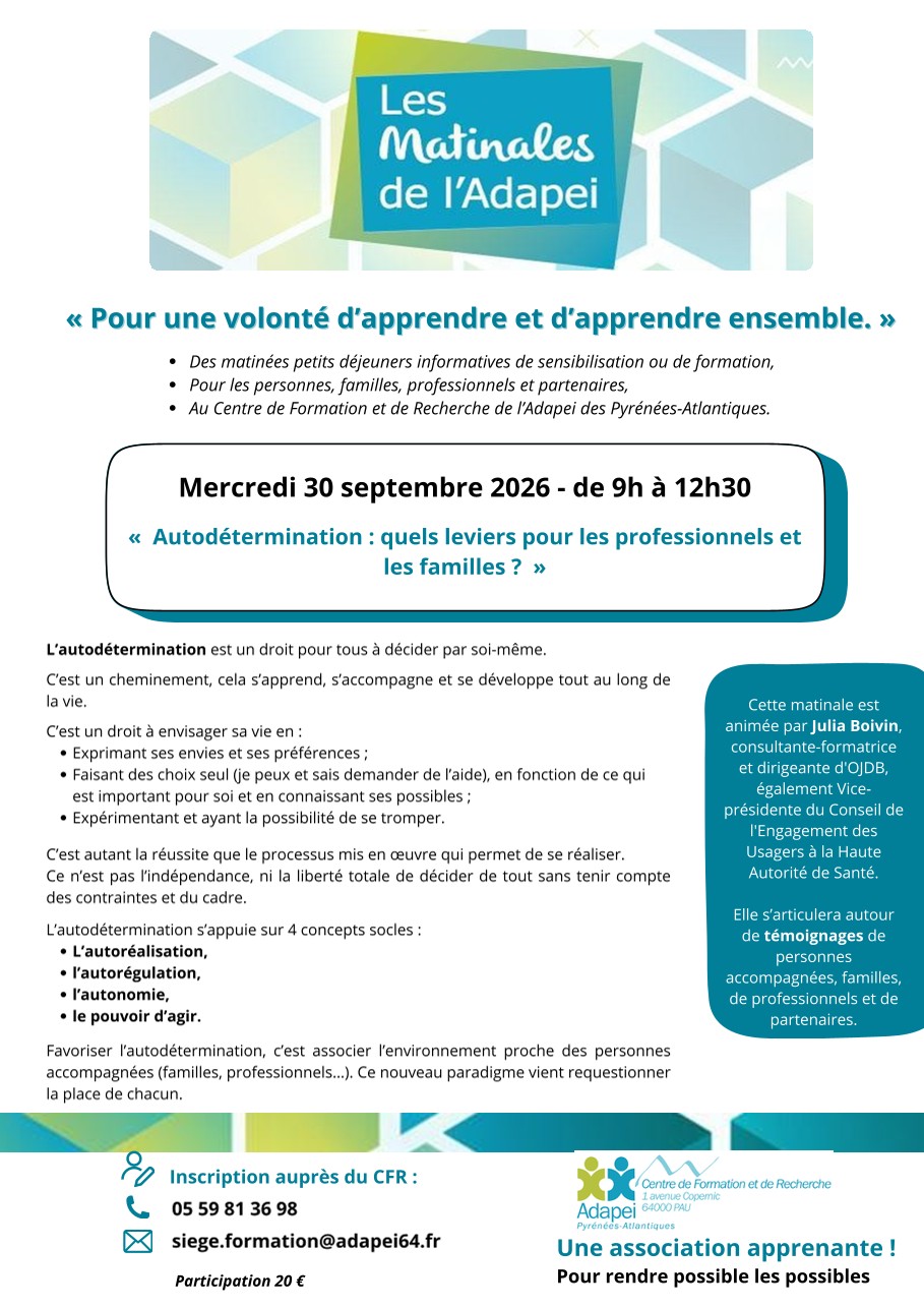 Affiche de la matinale "Autodétermination : quels leviers pour les professionnels et les familles ?"
